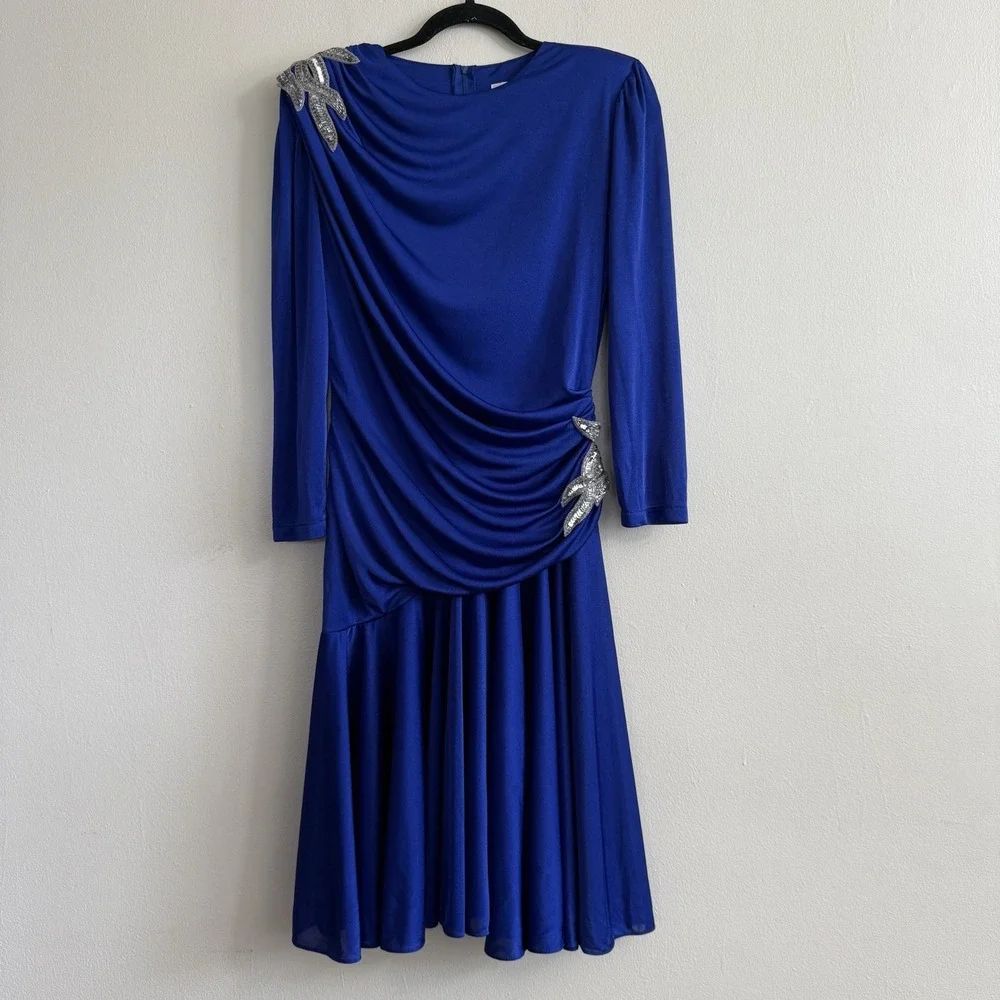 Vintage 80's Women Abby Kent Cocktail Dress Ruched Blue Size 8 Sequins Sequins‎